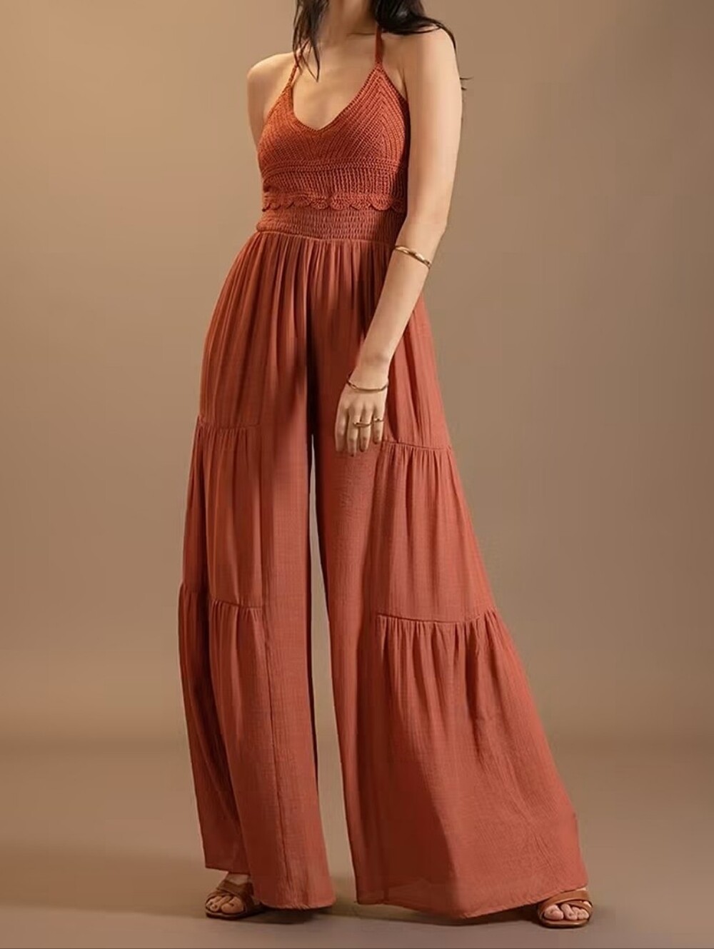 HYFVE Crochet Halter Smocked Tiered Wide-Leg Boho Jumpsuit M